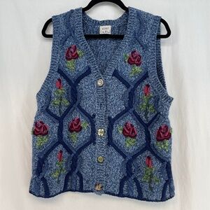 Koret City Blues Knit Sweater Vest Button Down Blue Flowers Women’s Size M 10-12
